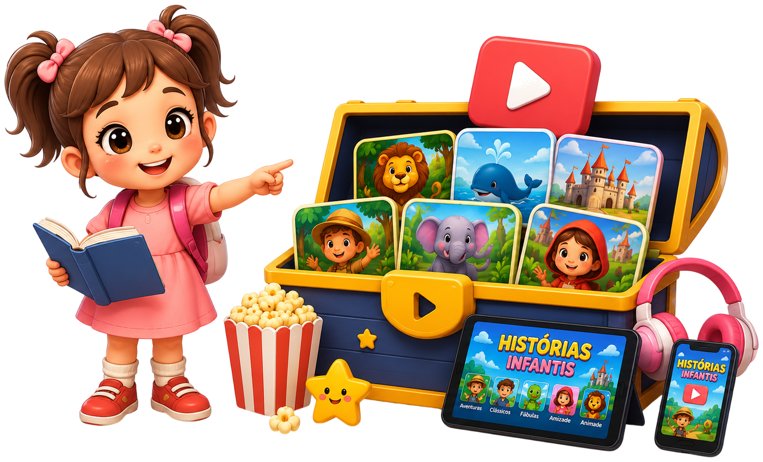Crianças assistindo histórias na TV, tablet e celular